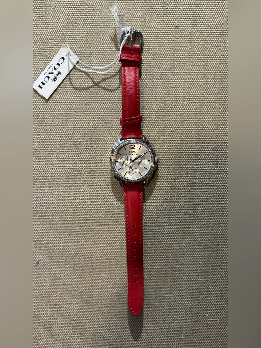 Coach Boyfriend Watch With 35mm Silver Chronograph Face & Red Leather Ba…